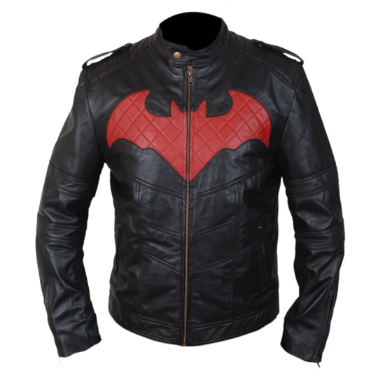Jason Todd Black Leather Jacket With Batman Red Logo