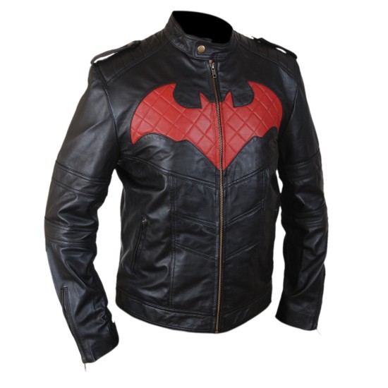 Jason Todd Black Leather Jacket With Batman Red Logo
